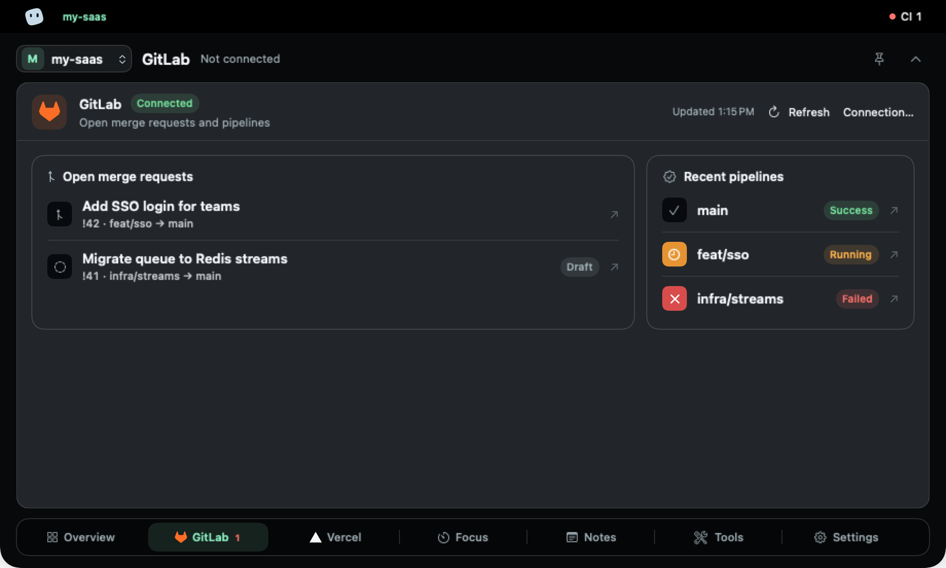 CI/CD tab with GitLab: two open merge requests and three recent pipelines.