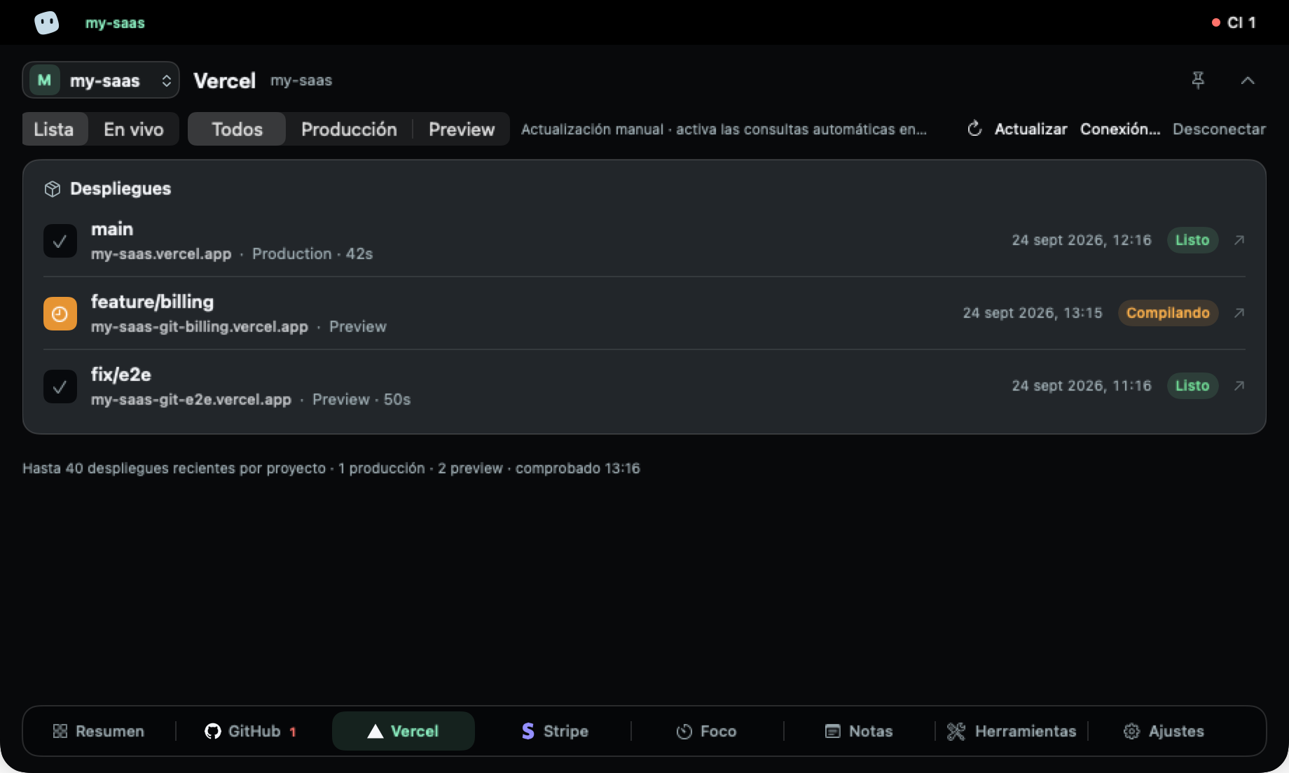 Pestaña Vercel: un despliegue de producción de main listo y una preview de feature/billing compilando.
