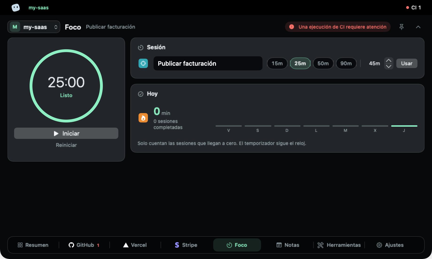 Pestaña Foco con un temporizador de 25 minutos, las sesiones de hoy y los últimos siete días.