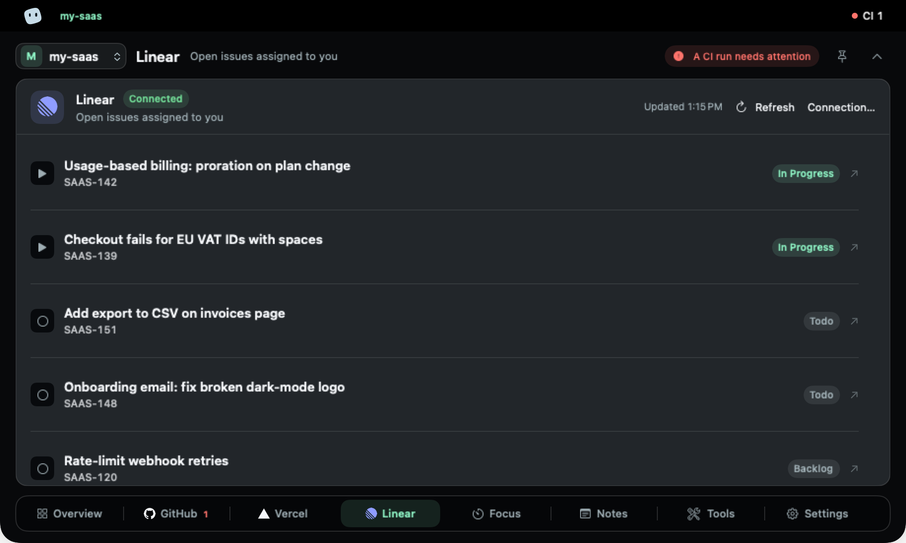 Issues tab with Linear: open issues assigned to you.