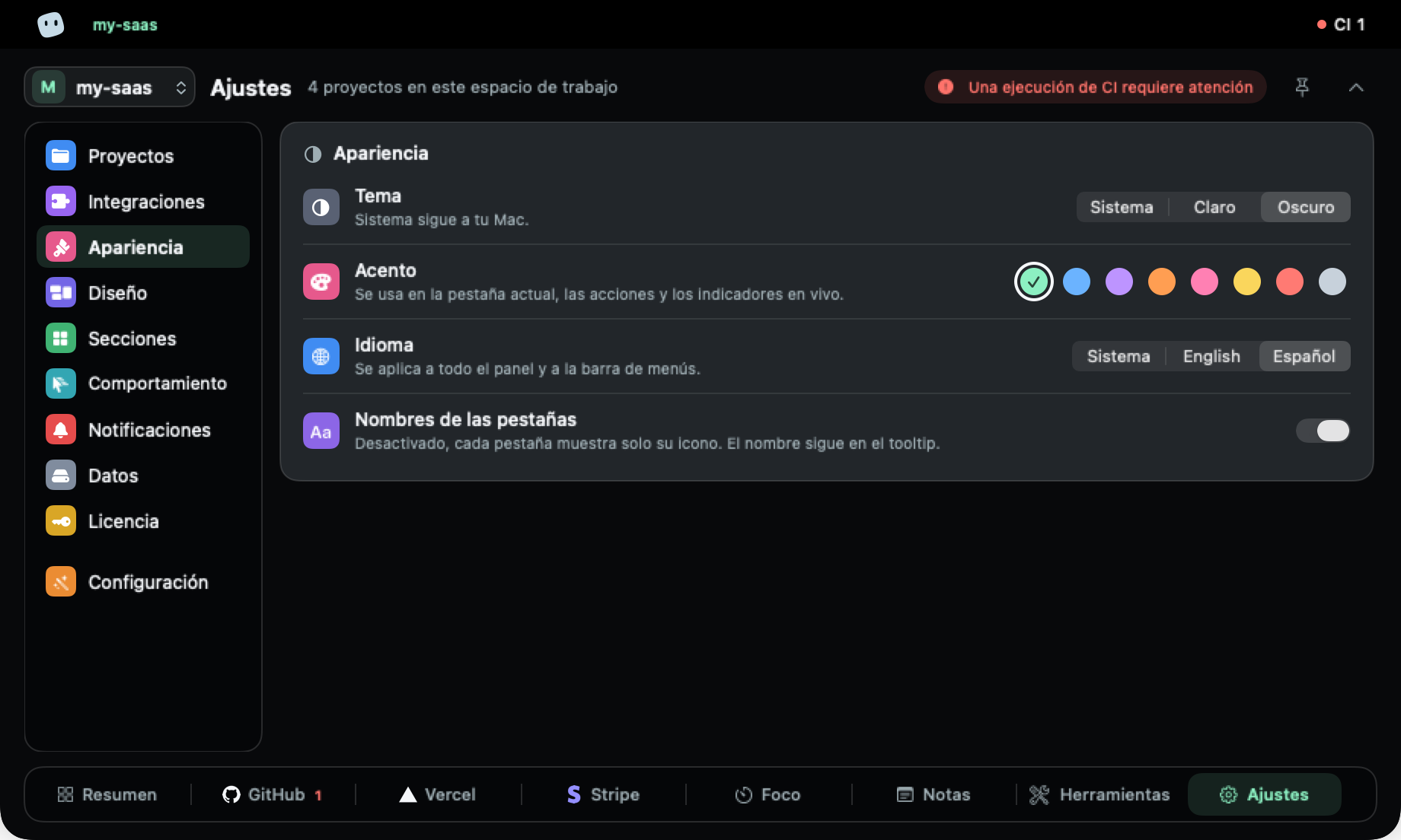 Ajustes, Apariencia: tema, ocho colores de acento, idioma y nombres de pestaña.