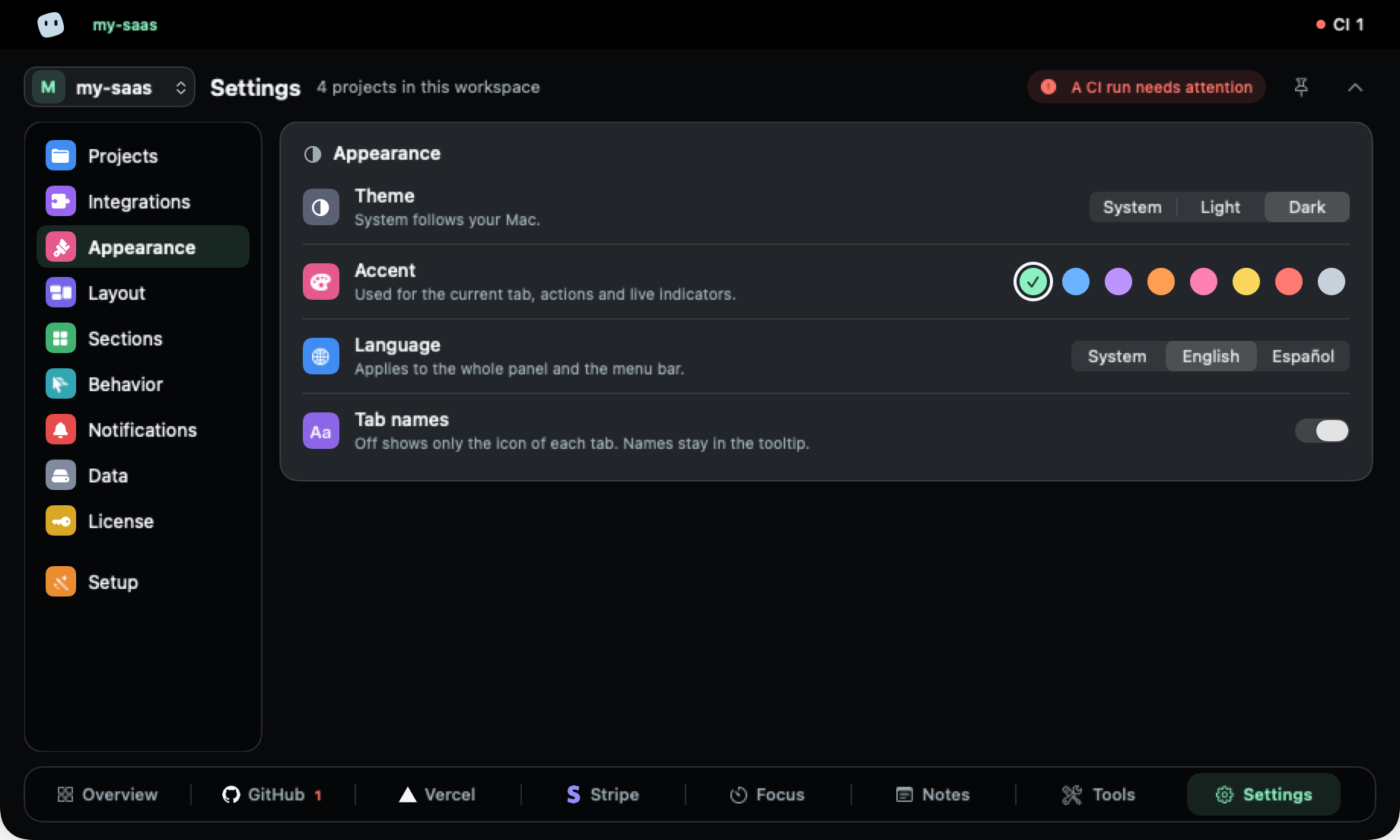Settings, Appearance: theme, eight accent colours, language and tab names.