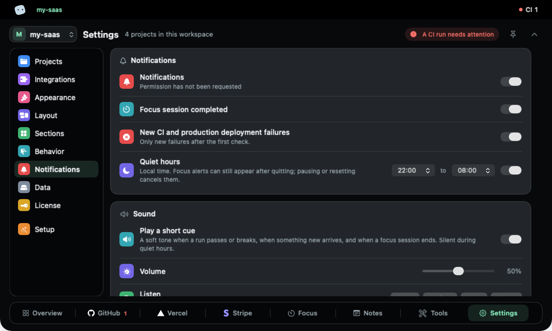 Settings, Notifications: alerts for failures and finished focus sessions, with quiet hours from 22:00 to 08:00.