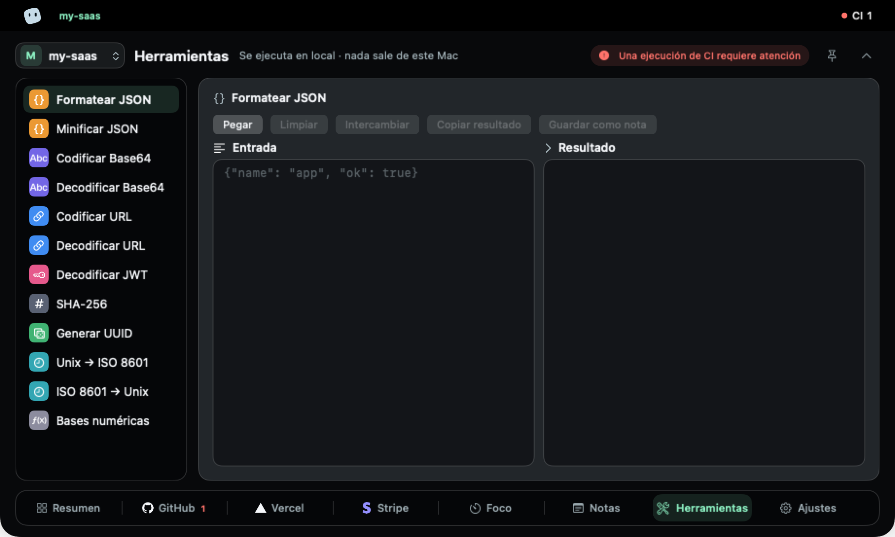 Pestaña Herramientas: doce utilidades con Formatear JSON abierta.